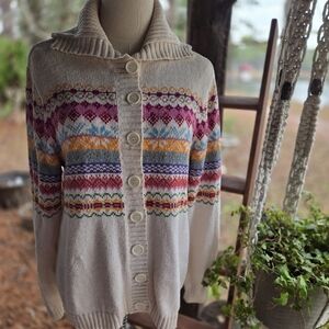 Mountain Lake Cream Fair Isle Cardigan With Large Collar Size Small